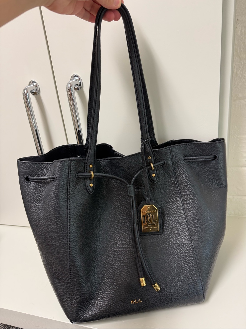 Ralph Lauren Black Pebbled Leather Drawstring Tote with Gold Hardware